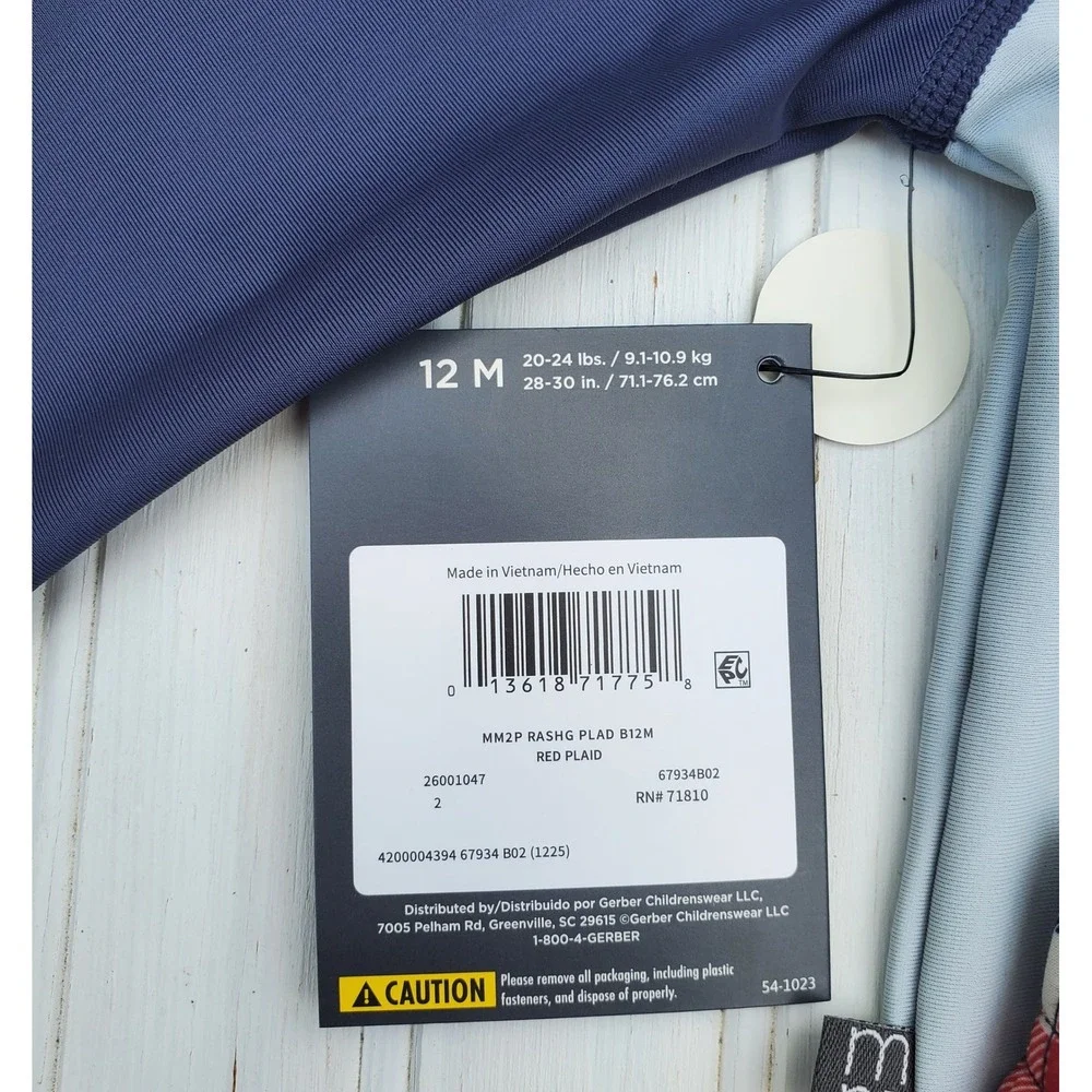 Modern Moments by Gerber Baby Boy Rash Guard Swim Set 12M Blue Plaid UPF 50+